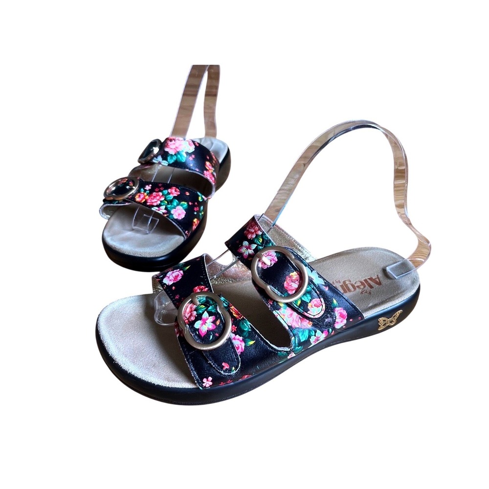 Alegria by PG Lite Womens Black Floral Leather Buckle Slide Sandals 38/8 Comfort